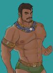  1boy abs armlet bara beard beard_stubble black_panther:_wakanda_forever brown_hair clenched_hand cowboy_shot dark-skinned_male dark_skin earrings facial_hair goatee highres jewelry large_pectorals looking_at_viewer male_focus mature_male muscular muscular_male mustache_stubble namor navel nipples pectorals quietscrappy short_hair solo stomach thick_eyebrows thighs topless_male tribal tsurime water 