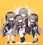  4girls :o animal_ears arms_behind_back beret black_coat black_footwear black_gloves black_headwear black_jacket blush bow brown_hair cat_ears cat_tail closed_eyes clothing_cutout coat doll_joints dress floppy_ears flower flower_ornament footwear_bow frills gloves grey_hair hair_intakes hat heart herta_(honkai:_star_rail) highres honkai:_star_rail honkai_(series) jacket joints kemonomimi_mode key lock long_hair long_sleeves looking_at_another multiple_girls neckerchief one_eye_closed open_clothes puppet purple_bow purple_eyes purple_flower purple_neckerchief purple_ribbon ribbon rrrrr_h8 short_hair shoulder_cutout sitting sitting_on_lap sitting_on_person sleeve_rolled_up standing standing_on_one_leg stelle_(honkai:_star_rail) tail tail_raised tail_wrap trailblazer_(honkai:_star_rail) white_dress yellow_background 