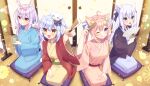  1boy 3girls ;p ahoge animal_ear_fluff animal_ears bath_yukata blue_eyes blue_hair blush bow brown_eyes cat_ears dog_ears dog_hair_ornament enomiya_milk hair_ornament hand_fan highres himesaki_yuzuru inuyama_tamaki japanese_clothes kimono kneeling long_hair looking_at_viewer multiple_girls noripro one_eye_closed open_mouth otoko_no_ko pink_hair purple_eyes purple_hair rabbit_ears shirayuki_mishiro smile striped striped_bow sumisaki_yuzuna tongue tongue_out twintails virtual_youtuber white_hair yellow_eyes yukata 