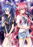  blue_eyes blue_hair bow diesel-turbo hair_bow hikasa_youko kazanari_tsubasa long_hair maria_cadenzavna_eve microphone mizuki_nana multiple_girls pink_hair ponytail seiyuu_connection senki_zesshou_symphogear very_long_hair 