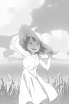  1girl bare_shoulders cloud dress grass greyscale hat kondoo looking_at_viewer monochrome open_mouth original outdoors short_hair sketch sky smile solo sun_hat sundress tall_grass 