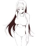  ass_visible_through_thighs breasts dated hair_between_eyes hairband hand_on_thigh highres hyouka irisu_fuyumi large_breasts lineart long_hair monochrome one-piece_swimsuit sasamori_tomoe solo sweat swimsuit thigh_gap very_long_hair 