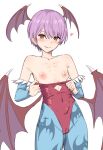  1girl animal_print bat_print bat_wings commentary demon_girl flat_chest head_wings heart large_areolae leotard lilith_aensland pantyhose petite pink_hair presenting_breasts red_eyes red_leotard ribs short_hair solo urin vampire_(game) wings 