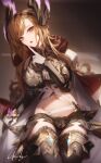  1girl black_shorts black_thighhighs blush brown_eyes brown_hair finger_to_mouth genyaky granblue_fantasy hair_ornament hand_up highres long_hair long_sleeves looking_at_viewer navel open_mouth shorts shushing signature solo thighhighs thighs tweyen_(granblue_fantasy) 