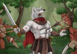 anthro arrow_(weapon) baroque_(artist) bottomwear bow_(weapon) canid canine canis clothing forest fur group loincloth male male/male mammal melee_weapon orange_body orange_fur plant ranged_weapon sword tree tribal weapon white_body white_fur wolf wounded
