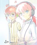  blue_eyes brown_hair casual glasses hands_in_pockets hayami_tsurumasa headphones inazuma_eleven_(series) inazuma_eleven_go kirino_ranmaru looking_at_viewer male_focus mizuhara_aki multiple_boys musical_note pink_hair twintails upper_body 