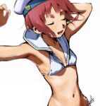 1girl arms_up bikini breasts brown_hair closed_eyes hat kantai_collection kondoo navel open_mouth sailor_bikini sailor_collar sailor_hat short_hair side-tie_bikini_bottom simple_background sketch small_breasts smile solo swimsuit upper_body white_background white_bikini white_headwear z3_max_schultz_(kancolle) 