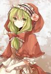  adapted_costume apple_da-ze basket cosplay dress flower front_ponytail green_eyes green_hair hair_ribbon kagiyama_hina little_red_riding_hood little_red_riding_hood_(grimm) little_red_riding_hood_(grimm)_(cosplay) ribbon smile solo touhou 