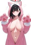  1girl absurdres ai-generated animal_ears animal_hands black_hair blue_archive breasts cosplay hair_ornament hairpin halo highres hime_cut hood hoodie kigurumi large_breasts midriff navel no_bra pink_hoodie rio_(blue_archive) trembling zishudongmao 