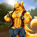 abs anthro biceps big_bulge big_muscles blonde_hair bottomwear bracelet bulge canid canine clothed clothing dog_tags fennec fingerless_gloves forest forest_background fox fur genital_outline gloves grey_bottomwear grey_clothing grey_pants hair handwear hi_res hood hoodie huge_biceps huge_muscles huge_triceps jewelry long_tail looking_at_viewer male mammal muscular muscular_anthro muscular_male nature nature_background necklace obliques pants partially_clothed pecs penis_outline plant pose purple_eyes sleeveless sleeveless_hoodie smile smiling_at_viewer solo speedo standing sweatpants swimwear taiko-sihori tail thick_thighs topwear tree v-cut vein veiny_arms veiny_muscles yellow_body yellow_fur