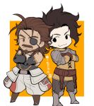  2boys :3 bare_shoulders beard brown_eyes brown_hair chibi crossed_arms deformed eugen_(granblue_fantasy) eyepatch facial_hair full_beard full_body granblue_fantasy jin_(granblue_fantasy) kikuyarou looking_at_another lowres male_focus mature_male multiple_boys old old_man short_hair side-by-side smile solid_oval_eyes sparse_stubble thick_eyebrows thick_mustache two-tone_background 