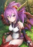 1girl absurdres arm_support bare_shoulders between_legs black_gloves breasts closed_mouth commentary_request dragon_girl dragon_horns dragon_tail dragon_wings elbow_gloves fingerless_gloves gloves heterochromia highres horns leotard looking_at_viewer medium_breasts on_ground ponytail purple_eyes purple_hair purple_wings puzzle_&amp;_dragons red_thighhighs samoore sitting solo sonia_(p&amp;d) tail tail_between_legs thighhighs white_leotard wings yellow_eyes 