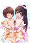  2girls areolae between_breasts black_hair blue_eyes blush breasts brown_eyes brown_hair censored choker highres large_breasts legs long_hair looking_at_viewer maruwa_tarou microphone multiple_girls naughty_face nipples no_bra no_panties open_mouth pointless_censoring ponytail pubic_hair pussy saliva short_hair simple_background standing tears thighs tongue tongue_out wince wrist_cuffs 