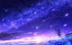  1girl absurdres blue_flower capelet cloud elf field flower flower_field frieren gradient_sky highres holding holding_staff mage_staff outdoors pointy_ears purple_sky scenery shooting_star skirt sky skyrick9413 solo sousou_no_frieren staff standing star_(sky) starry_sky sun sunset twintails 