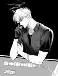  1boy akagi:_yami_ni_oritatta_tensai akagi_shigeru breast_pocket cigarette collared_shirt fukumoto_mahjong gloves greyscale hand_on_own_arm head_tilt highres intravenous_drip mahjong mahjong_tile male_focus medium_bangs monochrome pocket shirt short_hair simple_background single_glove smoking solo sweat table undershirt upper_body washizu_mahjong www_2duck2 