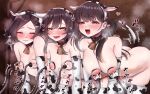  3girls animal_ears animal_print bell black_hair blush breasts closed_mouth collarbone commentary_request commission cow_ears cow_print cow_print_gloves cow_print_thighhighs cow_tail cowbell elbow_gloves fake_animal_ears fake_tail gloves hayashio_(kancolle) heart heart_in_eye highres kantai_collection kuroshio_(kancolle) lactation large_breasts leaning_forward long_hair milking_machine minazukio9 multiple_girls neck_bell nipples open_mouth oyashio_(kancolle) pixiv_commission print_gloves print_thighhighs red_eyes rolling_eyes small_breasts sound_effects steam symbol_in_eye tail thighhighs trembling yellow_eyes 