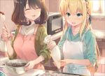  2girls apron baking blonde_hair blush braid breasts brown_hair chocolate closed_eyes furrowed_brow green_eyes highres ichinose_rei icing idoly_pride large_breasts long_hair long_sleeves looking_at_another medium_breasts medium_hair multiple_girls official_art oven saeki_haruko_(idoly_pride) sidelocks single_braid 