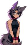  1boy animal_ears black_leotard brown_hair collar cowboy_shot cuffs fox_boy fox_ears fox_tail handcuffs heathcliff_(project_moon) highres leotard limbus_company looking_at_viewer project_moon purple_eyes red_collar scar simple_background solo tail touma_rui white_background 