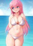 1girl ass_visible_through_thighs averting_eyes bikini blue_eyes blue_sky bocchi_the_rock! breasts cloud day gotoh_hitori hands_up highres large_breasts looking_to_the_side navel ocean open_mouth outdoors pink_hair side-tie_bikini_bottom side_ahoge skindentation sky solo stomach swimsuit thigh_gap thighs unsfrau wet white_bikini 