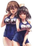  2girls ashigara_(kancolle) bare_arms bare_legs bare_shoulders blue_one-piece_swimsuit blush breasts brown_eyes brown_hair cleavage closed_mouth collarbone fang haguro_(kancolle) hair_between_eyes highres kantai_collection large_breasts long_hair multiple_girls name_tag one-piece_swimsuit one_eye_closed open_mouth school_swimsuit short_hair simple_background smile swimsuit toka_(marchlizard) white_background 