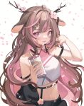  1girl animal_ears antlers brown_hair bubble_tea cherry_blossoms crop_top deer_antlers deer_ears drink exitus flower hair_flower hair_ornament highres holding holding_drink jacket kannazuki_lubee multicolored_hair open_clothes open_jacket open_mouth pink_eyes pink_flower pink_hair sibyl smile solo streaked_hair 