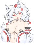  1girl anger_vein animal_ears breasts cleavage collarbone commentary_request covering_breasts covering_privates detached_sleeves fake_animal_ears fang fumomono hat highres inubashiri_momiji large_breasts looking_at_viewer navel open_mouth red_eyes red_headwear ribbon-trimmed_sleeves ribbon_trim solo tail tokin_hat touhou translation_request upper_body white_hair wolf_ears wolf_girl wolf_tail 