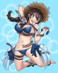  1girl absurdres ahoge bikini black_hair black_neckerchief blue_background blue_bikini blue_eyes braid brown_headwear eel hair_flaps hat highres kantai_collection meru-chan neckerchief official_alternate_costume shigure_(kancolle) shigure_kai_san_(kancolle) shirt side-tie_bikini_bottom single_braid solo straw_hat swimsuit white_shirt 