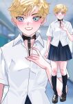  1girl absurdres arion_canvas bishoujo_senshi_sailor_moon blonde_hair blue_eyes blue_skirt earrings heart heart_earrings highres jewelry kneehighs lips loafers pleated_skirt shirt shoes short_hair skirt smile socks solo ten&#039;ou_haruka uniform very_short_hair white_shirt 