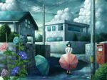  bad_id bad_pixiv_id black_hair blue cloud cloudy_sky flower gate house japanese_postal_mark kazami_(kuroro) morning_glory original postbox_(outgoing_mail) power_lines puddle road scenery short_hair sky solo street telephone_pole umbrella wall water water_drop 