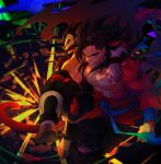  black_hair blue_sash blue_wristband closed_mouth dougi dragon_ball dragon_ball_heroes gloves long_hair male_focus monkey_boy monkey_tail multiple_boys muscular muscular_male ommmyoh pants red_fur saiyan sash son_goku_(xeno) spiked_hair super_saiyan super_saiyan_4 tail time_patrol_(dragon_ball) twitter_username vegeta_(xeno) 