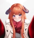  1girl alternate_costume arknights bagpipe_(arknights) blunt_bangs blush coat daisy_cutter dragon_horns english_commentary fur-trimmed_coat fur_trim gloves highres horns long_hair looking_at_viewer meme orange_hair pov pov_cheek_warming_(meme) purple_eyes reaching reaching_towards_viewer red_gloves red_scarf scarf sidelocks smile solo white_background white_coat winter_clothes winter_coat 