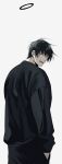 1boy absurdres black_hair black_pants black_sweater english_commentary fushiguro_touji grey_eyes halo hand_in_pocket highres jujutsu_kaisen looking_at_viewer lower_teeth_only male_focus pants parted_lips scar scar_on_face scar_on_mouth short_hair solo standing sweater sweatpants teeth tune_oekk 