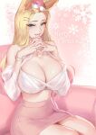  1girl ahri_(league_of_legends) animal_ears blonde_hair blue_eyes bra bracelet breasts cian_yo cleavage clothes_lift clothing_cutout commentary english_commentary facial_mark hair_ornament hairclip highres interlocked_fingers jewelry large_breasts league_of_legends legs_together lifted_by_self long_hair looking_at_viewer merry_christmas miniskirt mouth_hold own_hands_together pencil_skirt pink_skirt puffy_sleeves ring shirt shirt_lift shoulder_cutout sitting skirt solo underwear whisker_markings white_bra white_shirt 
