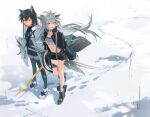  2girls animal_ears arknights bandeau black_footwear black_hair black_jacket black_shirt black_shorts blue_pantyhose coat colored_inner_hair footprints frown full_body gloves grey_bandeau grey_eyes grey_hair highres holding holding_sword holding_weapon id_card jacket lappland_(arknights) looking_at_viewer looking_to_the_side multicolored_hair multiple_girls multiple_swords navel orange_eyes oripathy_lesion_(arknights) outdoors pantyhose pantyhose_under_shorts parted_lips pinenut_sn red_gloves red_hair scar scar_across_eye shirt shorts smile snow stomach sword texas_(arknights) texas_(winter_messenger)_(arknights) walking weapon white_coat white_footwear white_shorts wolf_ears 