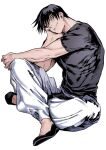  1boy absurdres black_footwear black_hair black_shirt covered_abs crossed_legs fushiguro_touji head_rest highres jujutsu_kaisen looking_at_viewer male_focus muscular muscular_male pants rororogi_mogera scar scar_on_face shirt short_hair short_sleeves skin_tight solo white_pants 