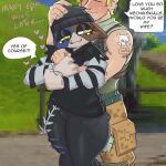 anthro beanie blush calico_cat clothed clothing domestic_cat duo embrace epic_games felid feline felis female fortnite fur goth happy happy_ending hat headgear headwear hi_res hug hugging_from_behind humanoid male male/female mammal meow_skulls_(fortnite) smile text topwear torn_clothing water_enjoyer wide_hips