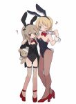  2girls ? animal_ears bandages black_jacket black_suit blonde_hair blue_eyes boko_(girls_und_panzer) bow bowtie braid brown_eyes collar cup darjeeling_(girls_und_panzer) detached_collar fake_animal_ears fishnet_pantyhose fishnets girls_und_panzer high_heels highres holding holding_stuffed_toy jacket light_brown_hair long_hair multiple_girls musical_note one_eye_closed one_side_up pantyhose playboy_bunny rabbit_ears rabbit_tail red_bow red_footwear ri_(qrcode) shimada_arisu short_hair simple_background smile standing stuffed_animal stuffed_toy suit tail teacup twin_braids white_collar white_wrist_cuffs wrist_cuffs 