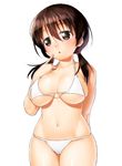  :o arm_behind_back bare_shoulders bikini blush breasts brown_eyes brown_hair curvy finger_to_mouth hair_between_eyes jindai_komaki large_breasts long_hair low_twintails navel onsoku_maru saki shiny shiny_skin simple_background skindentation solo swimsuit tareme thick_thighs thighs twintails white_background white_bikini wide_hips 