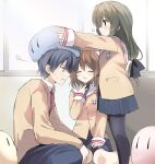  1boy 2girls antenna_hair black_hair blue_eyes blue_hair blush brown_eyes brown_hair clannad closed_eyes couple dango_daikazoku furukawa_nagisa highres hikarizaka_private_high_school_uniform ibuki_fuuko long_hair long_sleeves low-tied_long_hair medium_hair multiple_girls okazaki_tomoya open_mouth pantyhose school_uniform short_hair skirt smile takepoison yellow_eyes 