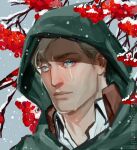  1boy babu_(babushkahihi) branch cloak crying crying_with_eyes_open erwin_smith eyelashes floral_background green_cloak highres looking_at_viewer male_focus paradis_military_uniform portrait shingeki_no_kyojin short_hair solo tears thick_eyebrows tree 