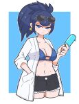  1girl black_shorts blue_eyes blue_hair bra breasts chibi earrings eyewear_on_head food hands_in_pockets highres holding holding_food holding_popsicle jacket jewelry leona_heidern mini_person navel oscar_get ponytail popsicle shorts solo summer sunglasses swimsuit the_king_of_fighters triangle_earrings underwear 