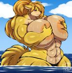 abs anthro big_breasts biped blush breasts canid canine canis clothed clothing domestic_dog female fur hi_res huge_breasts looking_at_viewer mammal smile solo superix thick_thighs topless yellow_body