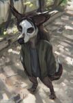 2022 anthro black_nose blue_clothing blue_topwear brown_body brown_eyes brown_fur brown_hair clothed clothing colored_sketch dated fur green_clothing green_jacket green_topwear hair hi_res jacket lostgoose male outside signature sketch solo standing topwear white_body white_fur