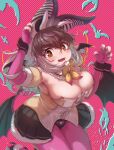  1girl animal_ears armpits bare_shoulders bat_ears bat_girl bat_wings breasts brown_eyes brown_hair brown_long-eared_bat_(kemono_friends) cleavage elbow_gloves extra_ears fang fingerless_gloves gloves grey_hair highres kemono_friends kemono_friends_v_project large_breasts leotard long_hair looking_at_viewer microphone okyao pantyhose simple_background skirt solo virtual_youtuber wings 