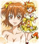  ;d boots bow breasts brown_eyes brown_hair choker cleavage cure_pine dual_persona earrings fresh_precure! frills hair_bow hair_ornament hanzou heart heart_hair_ornament jewelry knee_boots medium_breasts multiple_girls one_eye_closed open_mouth orange_choker precure short_hair side_ponytail skirt smile standing standing_on_one_leg wrist_cuffs yamabuki_inori yellow_skirt 