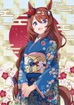  1girl :d alternate_costume animal_ears blue_kimono braid brown_hair egasumi floral_print flower hair_between_eyes hair_flower hair_ornament highres horse_ears horse_girl horse_tail japanese_clothes kanoko_(pattern) kimono long_hair looking_at_viewer new_year shiromaru_illust smile solo super_creek_(umamusume) tail umamusume very_long_hair 