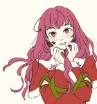 1girl christmas facial_mark fire_emblem fire_emblem_engage fire_emblem_heroes hair_ornament highres holly_hair_ornament long_hair looking_at_viewer official_alternate_costume red_eyes red_hair ro_botw santa_capelet solo star_(symbol) star_facial_mark star_hair_ornament yunaka_(fire_emblem) yunaka_(fire_emblem)_(spirited_envoy) 