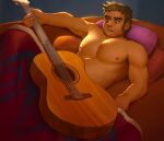  1boy armpit_hair armpit_hair_peek bara beard_stubble bed_sheet brown_hair forked_eyebrows guitar highres himbograndy holding holding_guitar holding_instrument instrument long_sideburns looking_at_crotch male_focus naked_sheet on_bed pillow plump scott_pilgrim_(series) scott_pilgrim_takes_off short_hair sideburns sitting solo sparse_arm_hair sparse_chest_hair stephen_stills thick_eyebrows toned toned_male topless_male under_covers 
