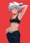  1girl absurdres aduo arm_up armpits black_sports_bra blue_eyes blush breasts closed_mouth collarbone cone_hair_bun cowboy_shot denim grey_hair hair_bun hair_intakes highres jeans looking_at_viewer medium_breasts navel open_fly open_pants original pants red_background short_hair simple_background sports_bra stomach toned 