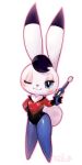 2021 anthro big_ears blue_eyes blush breasts captain_bokko clothed clothing cotora dipstick_ears eyelashes featureless_feet feet female front_view full-length_portrait fully_clothed glistening glistening_clothing glistening_eyes gun hi_res holding_gun holding_object holding_raygun holding_weapon lagomorph leporid looking_at_viewer mammal multicolored_ears neck_tuft one_eye_closed osamu_tezuka outline pink_outline portrait rabbit ranged_weapon raygun simple_background skinsuit small_breasts smile smirk solo standing the_amazing_3 tight_clothing tuft uniform weapon white_background wink winking_at_viewer